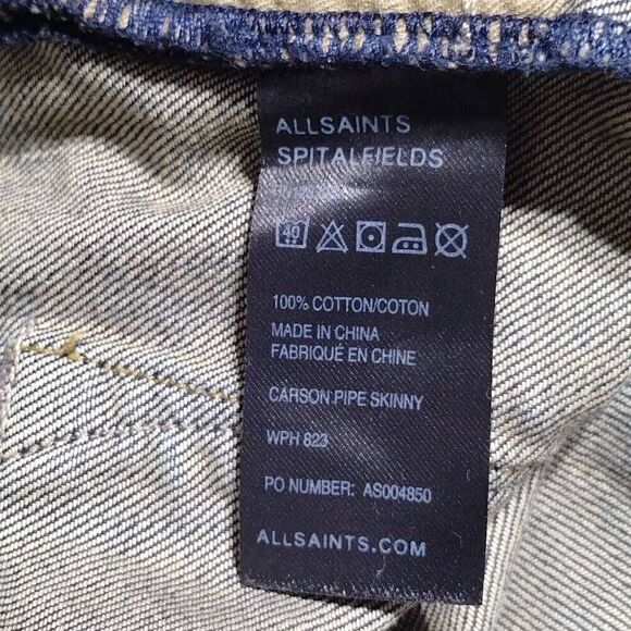 Allsaints Spitalfields Carson Pipe Skinny Low Rise Blue Cotton Jeans Sz 27 L34 - Picture 6 of 8